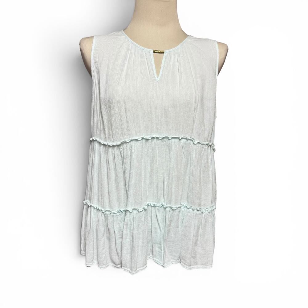 New Directions Cotton Sleeveless Gauzy Crinkle Babydoll Top Light Blue Large